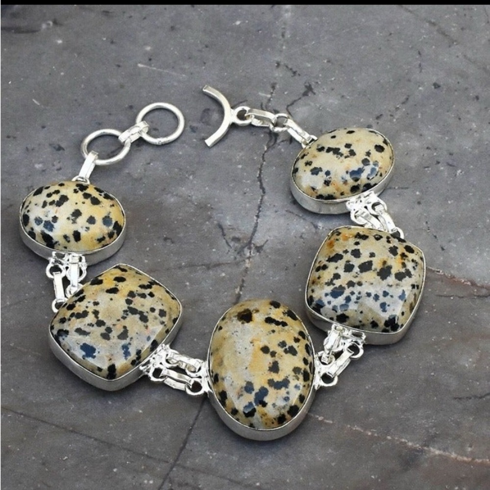 New Dalmatian Chunky Jasper Silver Link Toggle Bracelet.